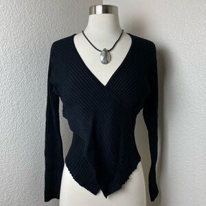 Y2K Dalia Black V-neck Crisscross Ribbed Knit Pointed Hem Sweater